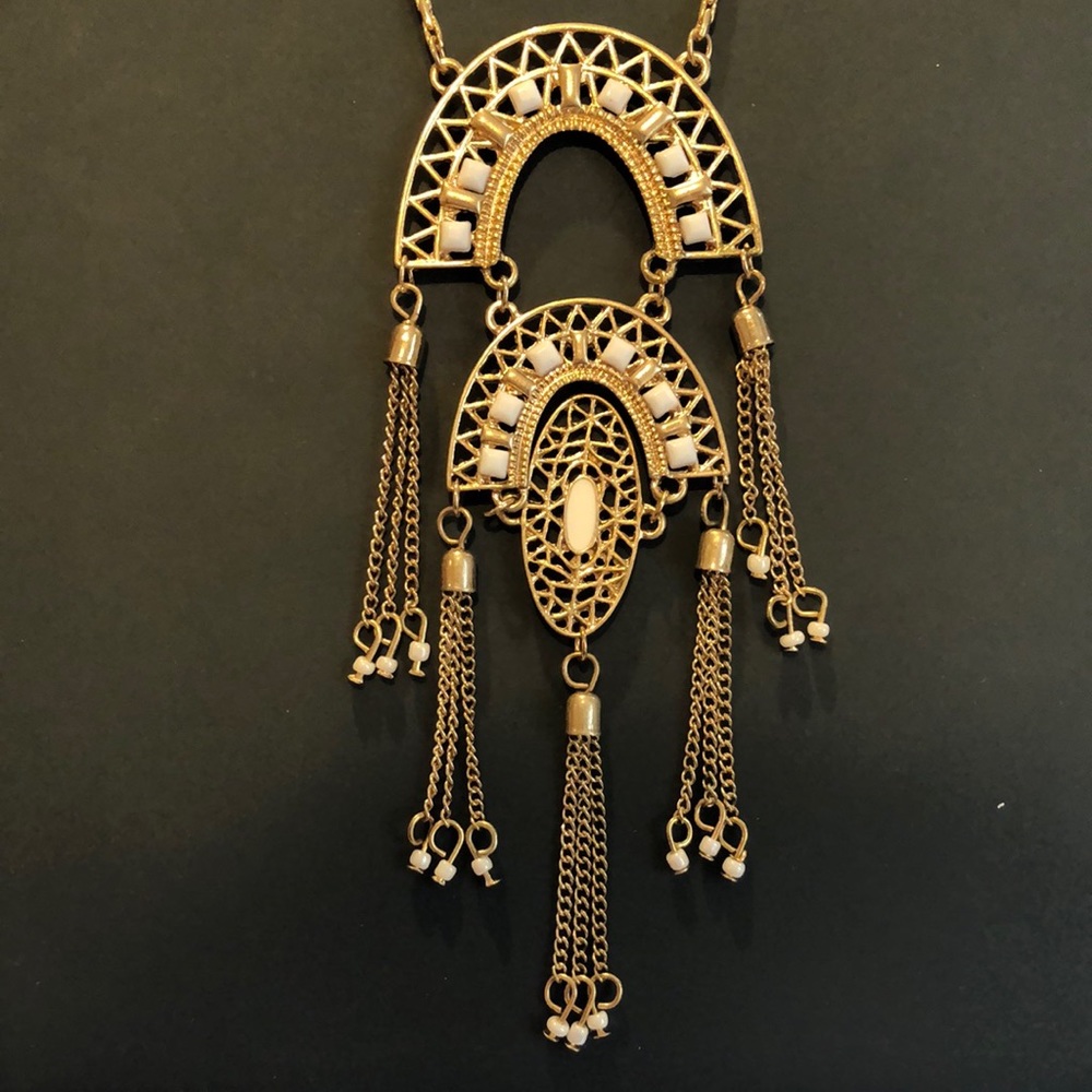 Vintage gold and white stone fringe Boho necklace